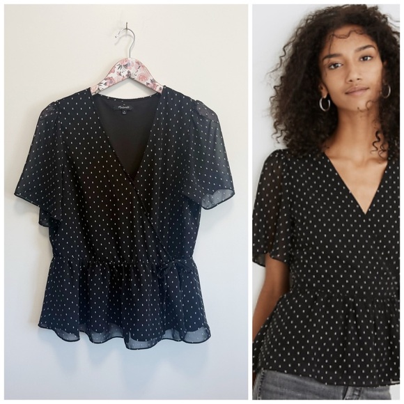 Madewell Tops - MADEWELL Flutter-Sleeve Peplum Top Clip Dot Blouse Black White Top Medium
